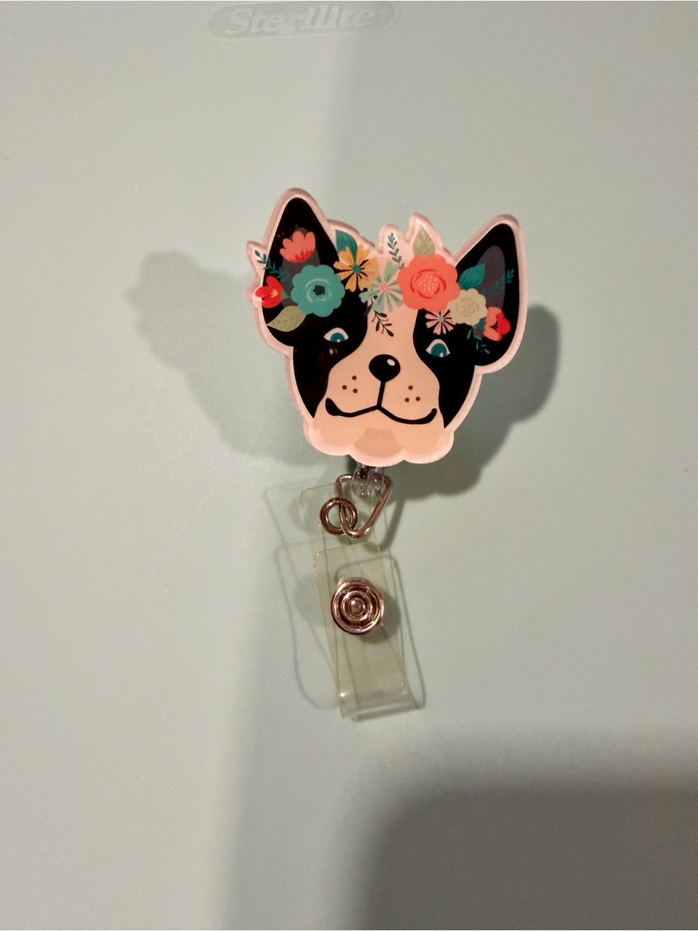 Floral Boston Terrier Badge Reel - Black & Pink